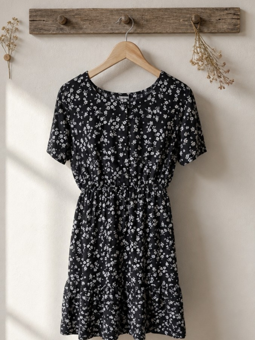 Passport Black Floral Short Dress with White Print
